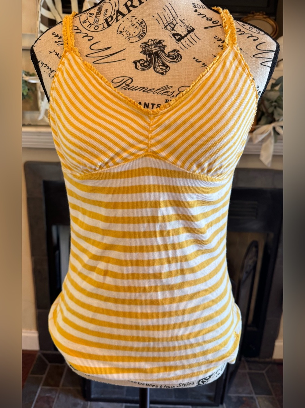 Y2K Vintage Yellow White Striped Racerback Cotton Tank Top Ruffles V-Neck Ruched